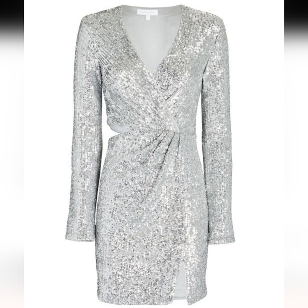 Jonathan Simkhai Size 8 Conrad Silver Sequin V-Neck Ruched Cutout Mini Dress NWT